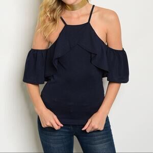 Cold Shoulder Top Ruffle Blue
